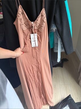 Zara Blush Tan Maxi Slip Dress with Crochet V-Neck